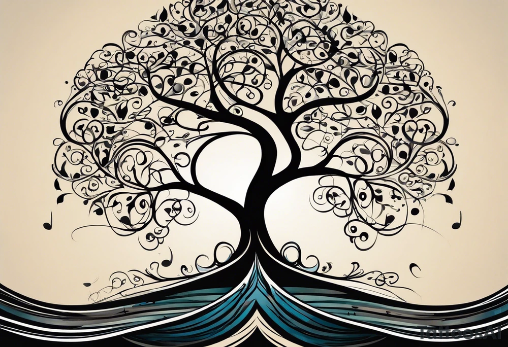 A tattoo design that incorporates the following elements: an abstract tree of life that has roots emerging  from the ground. Waves of water wrap around the tree in a non symmetrical design.  Incorporate musical notes into the tree. the letters U and A are overlapping and engraved into the tree. A golf flag incorporated but not prominent tattoo idea