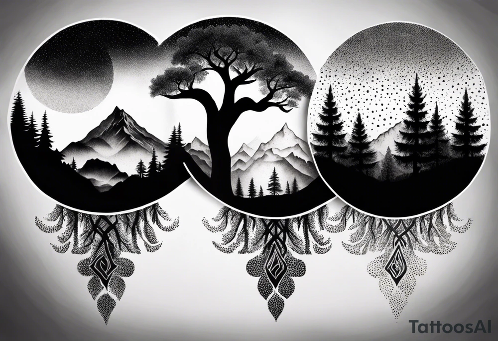 Three mountains three trees with roots tattoo idea