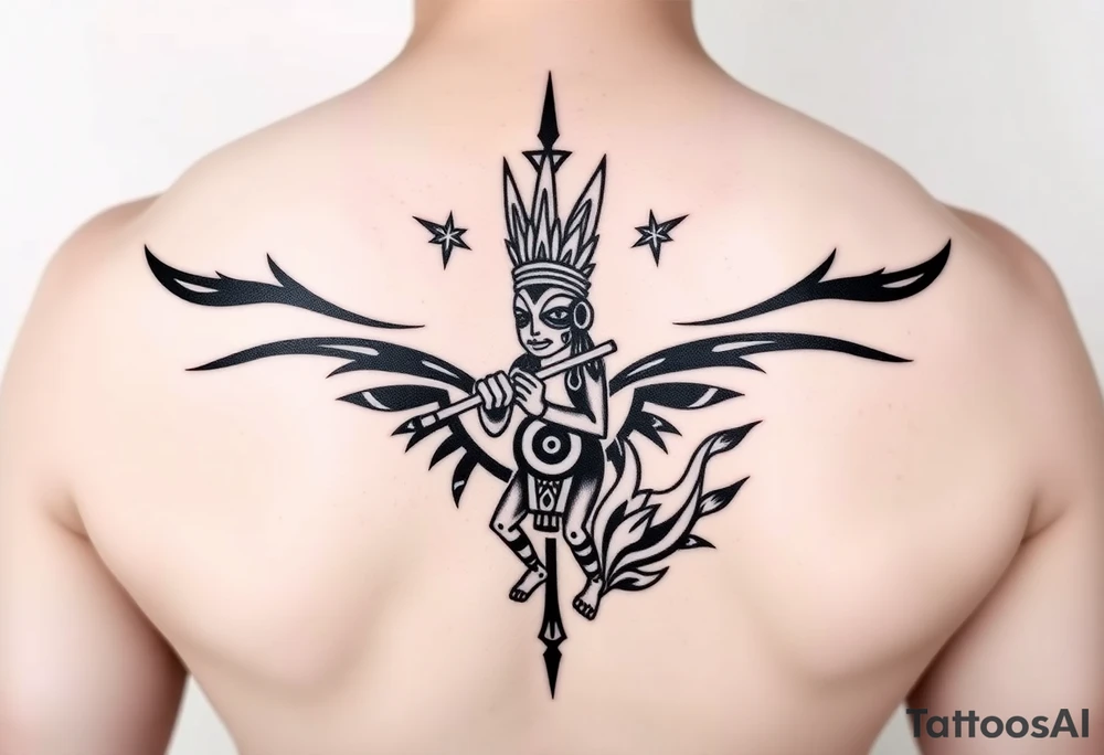 cactus in the middle
kokopelli playing flute in front ot cactus tattoo idea