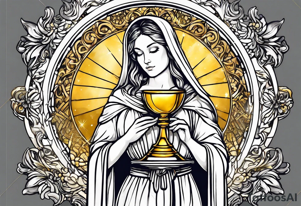 holy saint woman turned away with golden halo holding a chalice tattoo idea