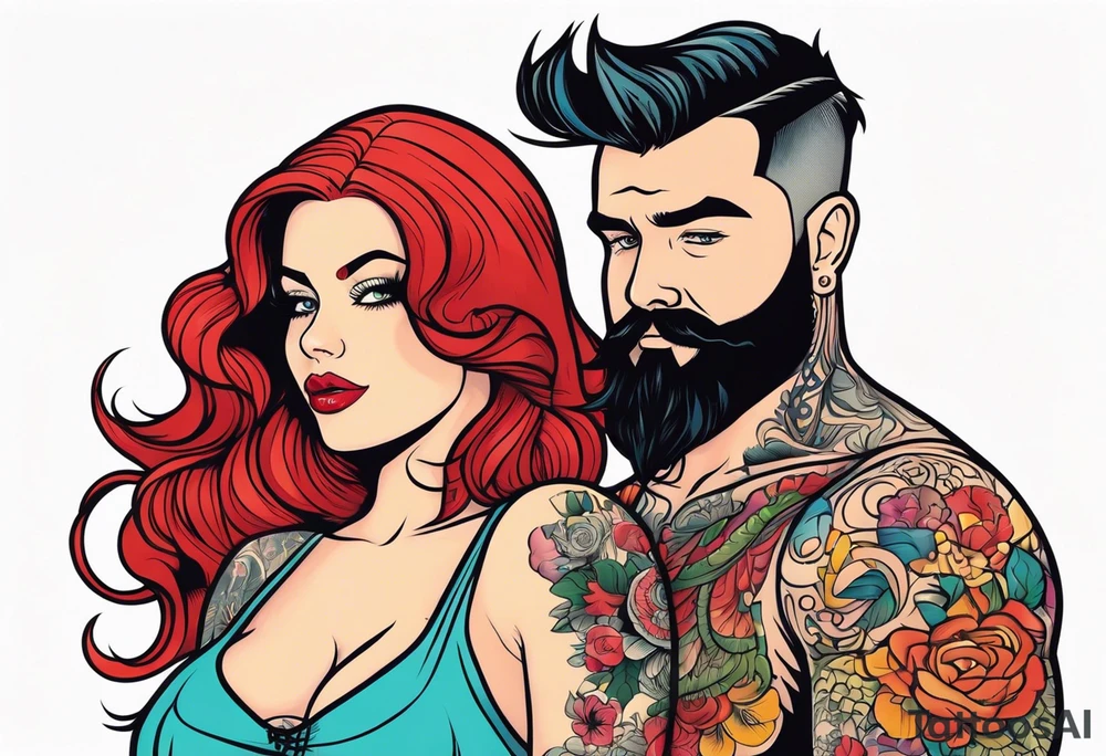Busty Red haired woman with black haired bearded man tattoo idea