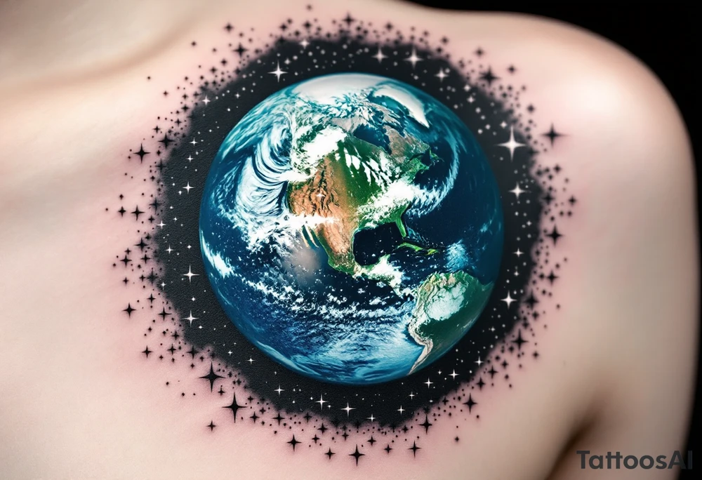 An Earth viewed from space in deep sapphire and viridian is surrounded by a black ink starfield. tattoo idea