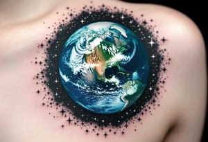 An Earth viewed from space in deep sapphire and viridian is surrounded by a black ink starfield. tattoo idea