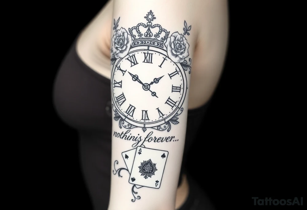Roman clock with roses and a crown,  a quote that says nothings forever. and on the bottom a deck of cards tattoo idea