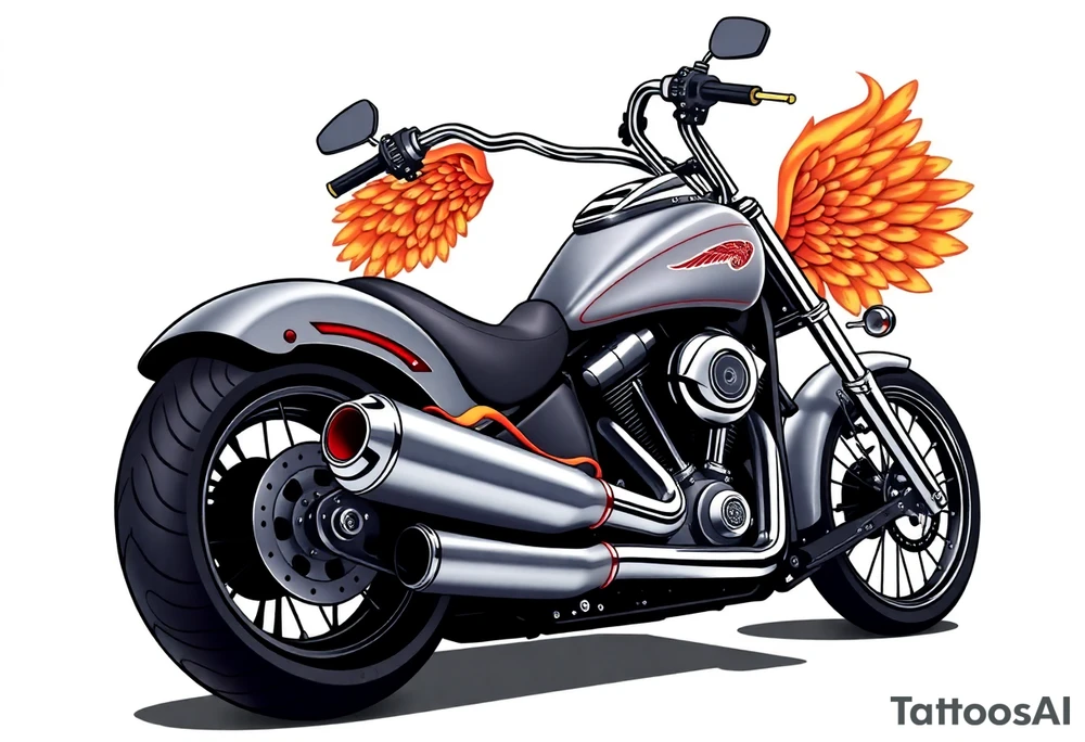 Low rider grey motorcycle, big muffler pipes with flames, angel wings, driving away, no person tattoo idea
