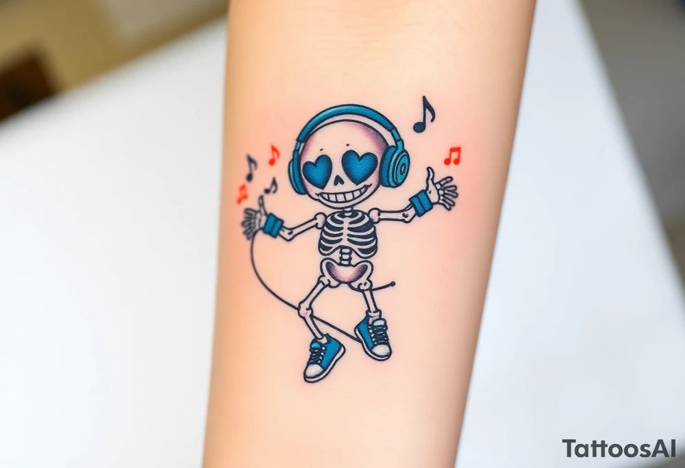 Cute smiley skeleton with heart shape eyes  jumping on a jump rope with both hands blue headphones blue armbands blue sneakers and colorful  music notes around his head tattoo idea