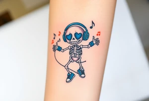 Cute smiley skeleton with heart shape eyes  jumping on a jump rope with both hands blue headphones blue armbands blue sneakers and colorful  music notes around his head tattoo idea