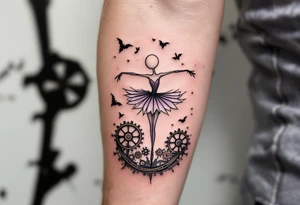 Tim Burton’s lanky ballerina dances on cracked music box gears in muted purples and pale grays. tattoo idea