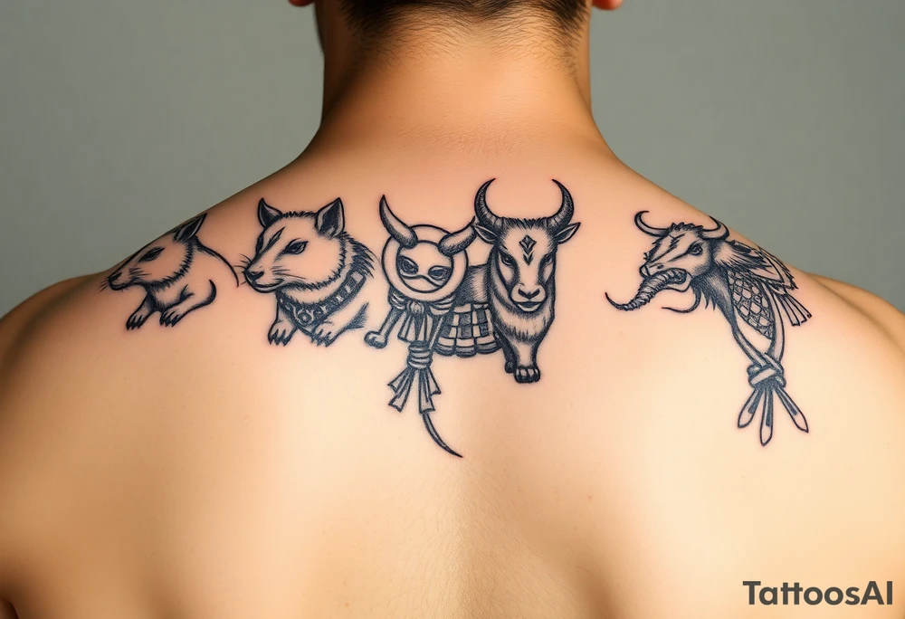 Chinese zodiac animals: rat, dog, goat, and ox all dressed up Japanese Samurai style tattoo idea