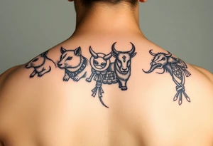 Chinese zodiac animals: rat, dog, goat, and ox all dressed up Japanese Samurai style tattoo idea