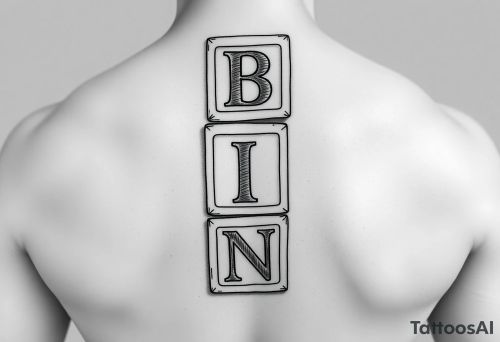 I WANT 5 TOY BABY BLOCKS STACKED ON TOP OF EACH OTHER AND I WANT EACH OF THEM TO HAVE A LETTER IN THEM. B, R, I, A, N THEY SHOULD BE STACKED ON TOP OF EACH OTHER IN 3D tattoo idea