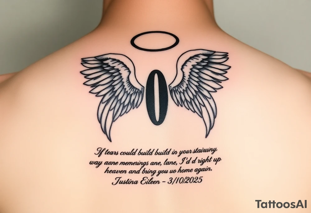 A semicolon intertwined with angel wings and a halo. At the bottom add this quote "If tears could build a stairway, and memories a lane, I'd walk right up to heaven and bring you home again." And also add my mother's name somewhere (Justina Eileen) and these dates 7/10/1984 - 3/6/2025 tattoo idea