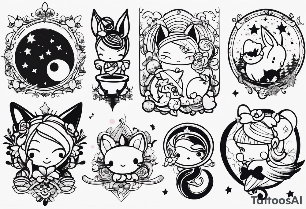 I would like various tattoo sketches. they must represent the friendship between two girls who like naps, kuromi and my melody and a song entitled "luna". tattoo idea