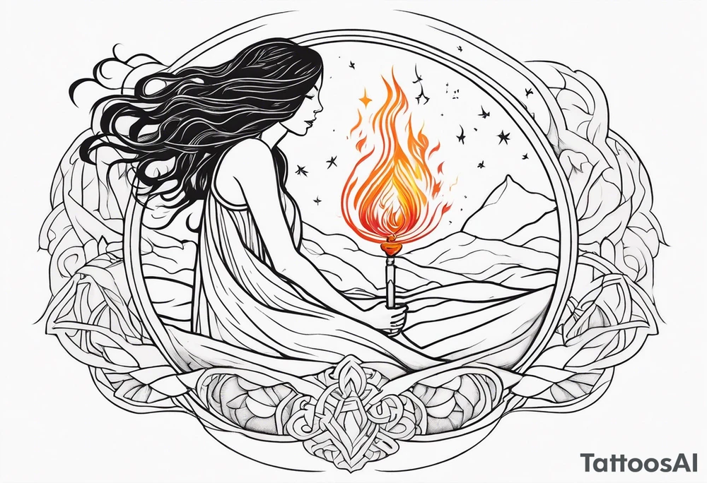 Resurrection strength and courage overcoming trauma Beautiful Woman leaving a world of fire, chaos and fear  to inner peace and self-love  ethereal tattoo idea