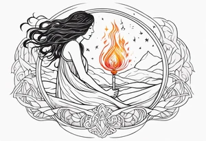 Resurrection strength and courage overcoming trauma Beautiful Woman leaving a world of fire, chaos and fear  to inner peace and self-love  ethereal tattoo idea