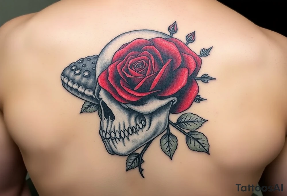 the Tudor rose at the center, all crimson petals edged in black velvet thorns, blooming right out of the skull’s eye socket like it’s growing from his bones. The skull’s grinning, but soft—like he’s in on the joke. And the alligator? He’s coiled around the whole thing, tail curling under the jaw, jaws open just enough to show teeth that look... almost tender. Like he’s protecting it. Or about to eat it.
Maybe a little mist, some ivy creeping up the spine of the rose. Dark greens, deep reds, charcoal shadows. No brights—just that old, heavy velvet feeling. tattoo idea