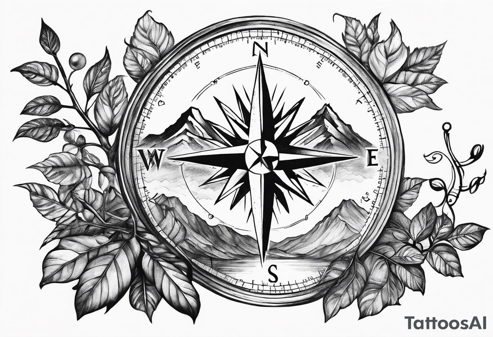 Vine branch long with mountains music compass tattoo idea