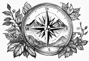Vine branch long with mountains music compass tattoo idea
