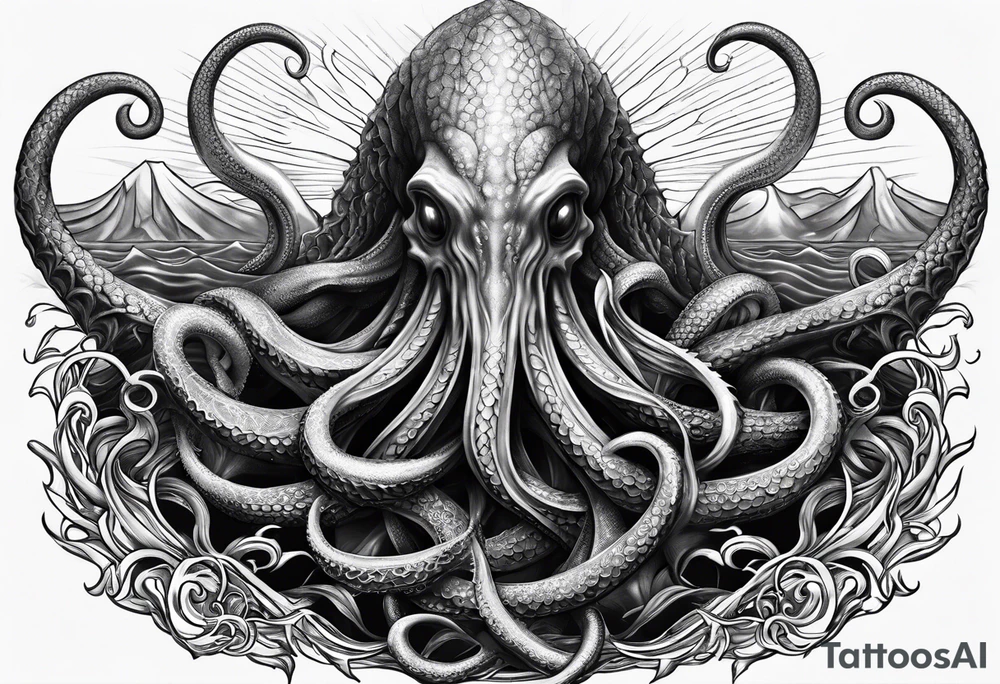 cthulu reaching out for ana anchor from the deep sea entangled with waves tattoo idea