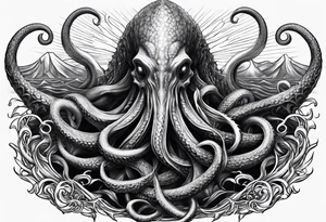 cthulu reaching out for ana anchor from the deep sea entangled with waves tattoo idea