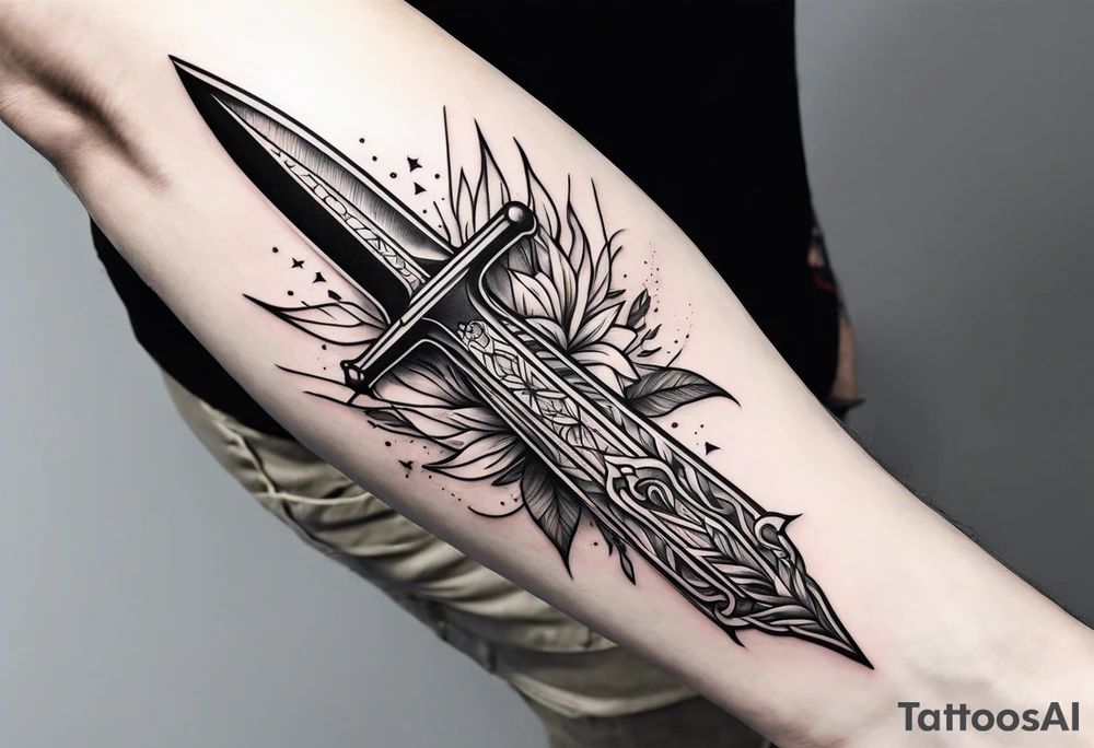 Hand holding dagger outline design no fill tattoo idea