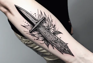 Hand holding dagger outline design no fill tattoo idea