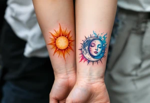Two matching couple tattoos sun and moon tattoos, the first sun in warm gold and orange on the forearm, the second moon in silver and pale blue on the wrist. tattoo idea
