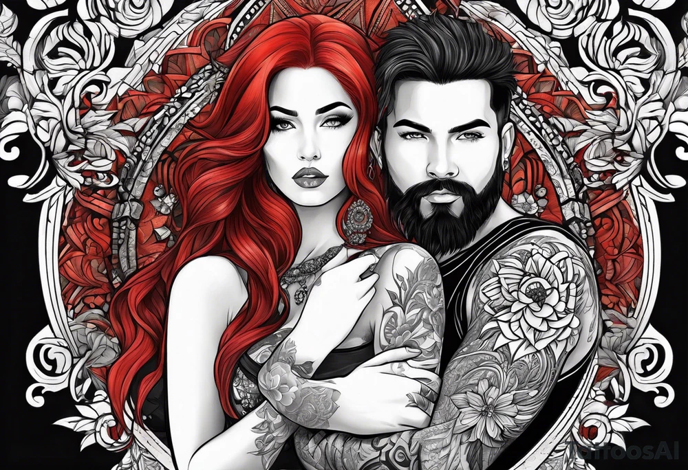 Busty red hair woman with bearded man black hair tattoo idea
