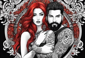 Busty red hair woman with bearded man black hair tattoo idea