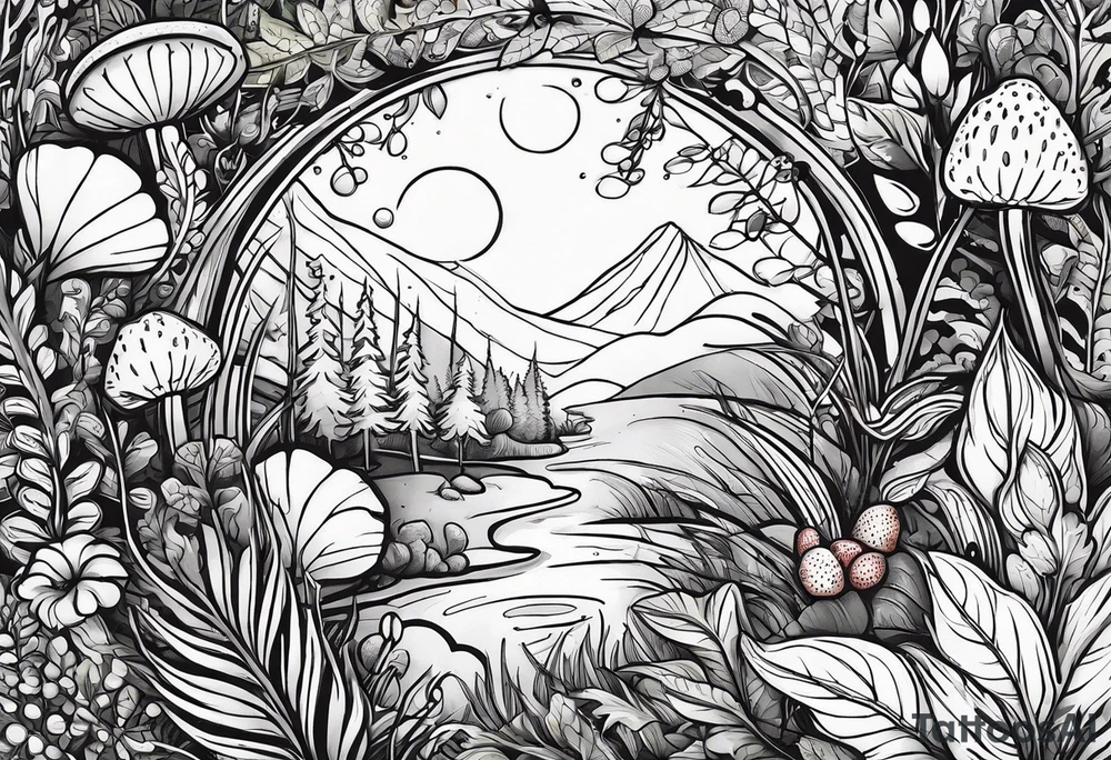 forest floor inspired tattoo, which includes grass, curly ferns and dead leaves as the bulk of the tattoo. details to include: three  tiny strawberries, couple of very small mushrooms, a tiny bumblebee flying nearby tattoo idea