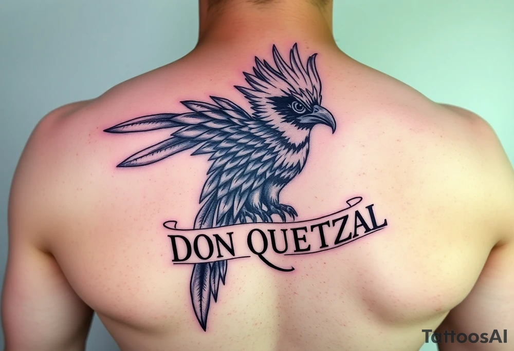 powerful majestic quetzal bird with long feathers and letters DON QUETZAL. full colors tattoo idea