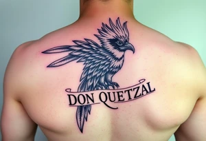 powerful majestic quetzal bird with long feathers and letters DON QUETZAL. full colors tattoo idea