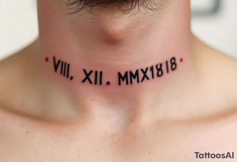 VIII.XII.MMXVIII in thick black font circling the neck like a collar, with small ruby red dots separating the numerals. tattoo idea