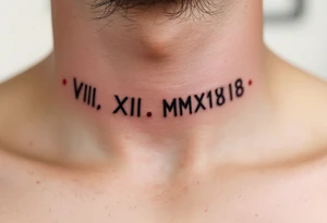 VIII.XII.MMXVIII in thick black font circling the neck like a collar, with small ruby red dots separating the numerals. tattoo idea