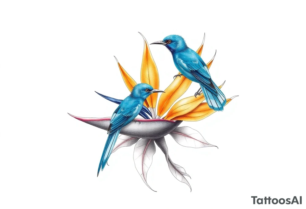Bird of paradise flower with blue bird tattoo idea