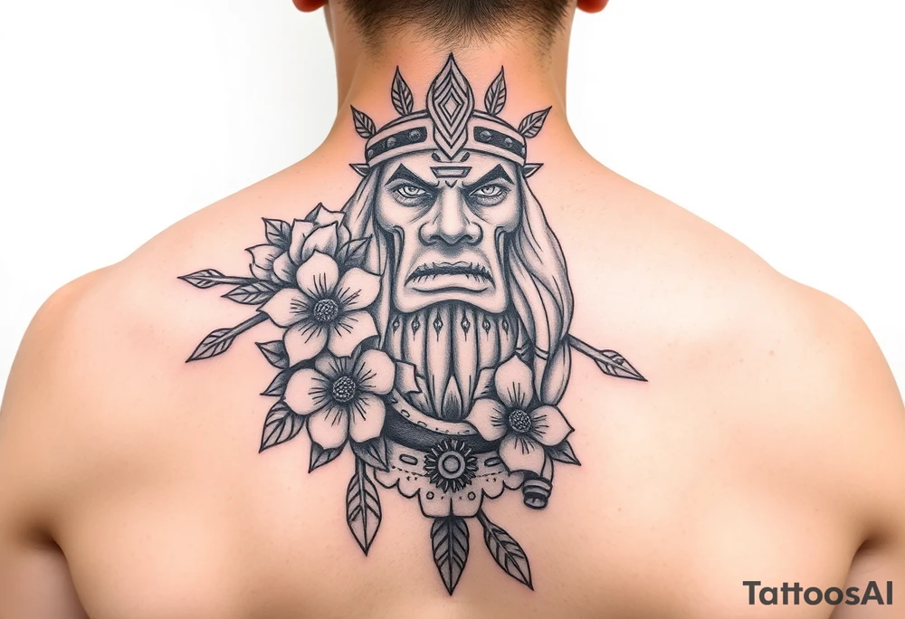 powerful shaman with flowers and spears from Nunavut and representing pain, anger love and healing for front of neck tattoo idea