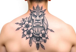 powerful shaman with flowers and spears from Nunavut and representing pain, anger love and healing for front of neck tattoo idea