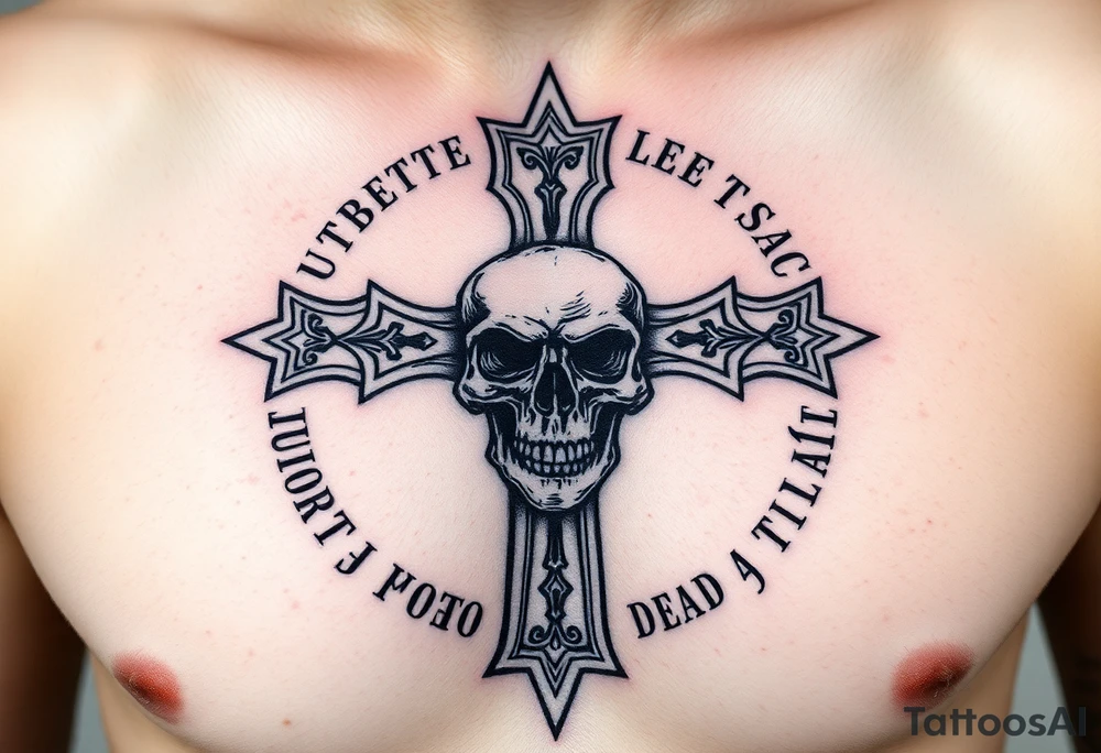 Latin words surrounding a ancient death cross with a skull in middle worshippers of the dead tattoo idea