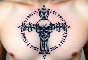 Latin words surrounding a ancient death cross with a skull in middle worshippers of the dead tattoo idea