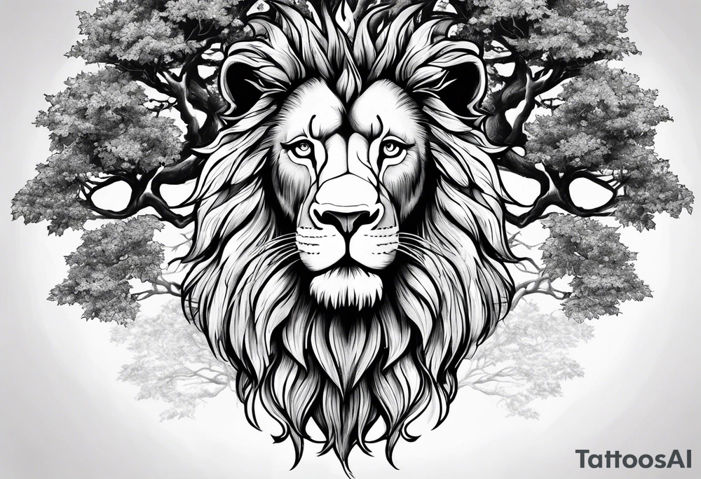 The lion of Judah, which is Jesus Christ, is tied and intertwined within a maple tree. tattoo idea