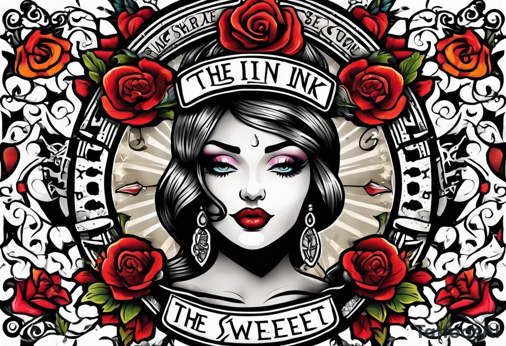 has wording "The Sweet Ink", traditional american tattoo style, bold, simple, colorful tattoo idea
