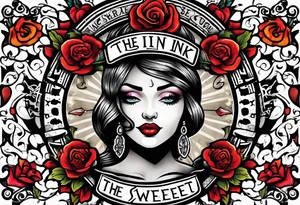 has wording "The Sweet Ink", traditional american tattoo style, bold, simple, colorful tattoo idea