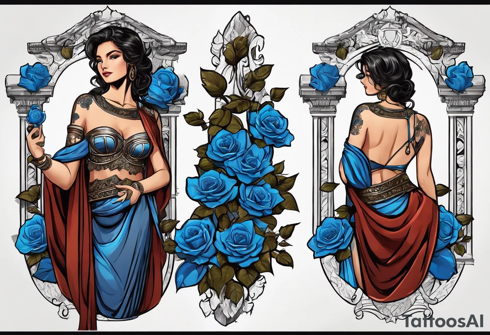 ancient rome clothes ,women,,ancient scale in one hand, blue rose frames, justicia keeps  scale tattoo idea