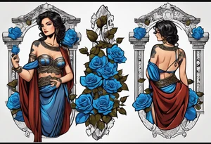 ancient rome clothes ,women,,ancient scale in one hand, blue rose frames, justicia keeps  scale tattoo idea