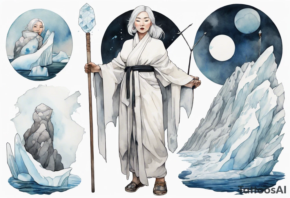a 40 year old Inuit woman with white hair and a white robe holding a silver and white staff, standing on an iceberg tattoo idea