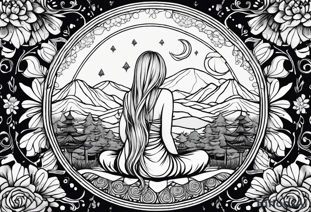 Straight blonde hair girl meditating facing away toward mountains surrounded by mushrooms crescent moon mandala circular design black and white striped dress tattoo idea