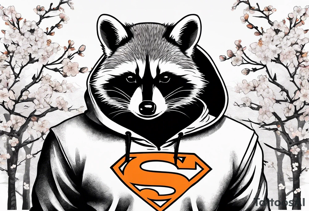 raccoon wearing a black and white Superman hoodie and orange Japanese cherry blossoms tattoo idea