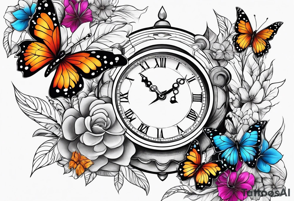 Sands of time with butterflies and flowers and lots of color tattoo idea