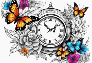 Sands of time with butterflies and flowers and lots of color tattoo idea