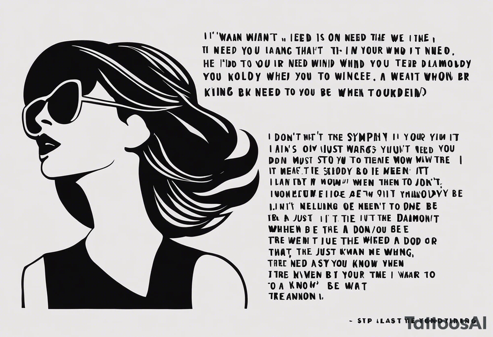 I want this text on my leg 
I don't need a symphony
I just want your voice and a melody
I don't need your diamond rings
I just want your love, stop selling me
I don't need the wind that's underneath your wings
I just want to know when you're landing
You don't need to be the king
'Cause I just want the last man standing tattoo idea